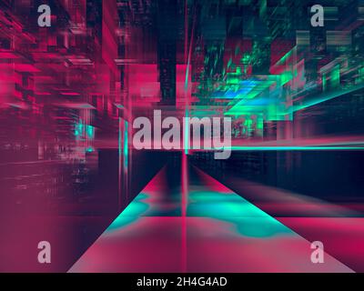 Abstrakter technologischer Hintergrund - Straße einer fantastischen Stadt - 3d-Illustration Stockfoto