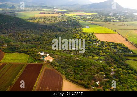 Blick aus der Höhe der auf der Insel Mauritius gelegenen Säfelder. Stockfoto