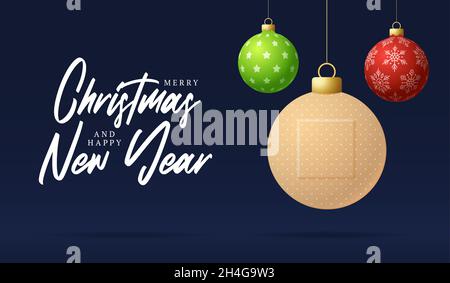 Gesunde Weihnachten und glückliches neues Jahr Coronavirus Ball Banner. Kreatives Konzept Weihnachtsveranstaltungen und Feiertage während einer Pandemie mit medizinischen Kreuzplas Stock Vektor