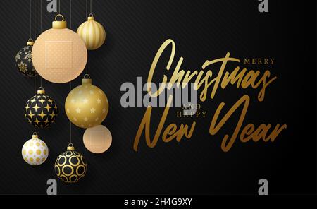 Gesunde Weihnachten und glückliches neues Jahr Coronavirus Ball Banner. Kreatives Konzept Weihnachtsveranstaltungen und Feiertage während einer Pandemie mit medizinischen Kreuzplas Stock Vektor