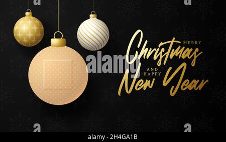 Gesunde Weihnachten und glückliches neues Jahr Coronavirus Ball Banner. Kreatives Konzept Weihnachtsveranstaltungen und Feiertage während einer Pandemie mit medizinischen Kreuzplas Stock Vektor