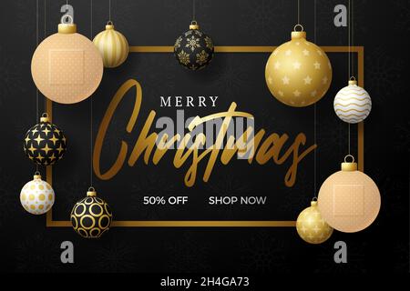 Gesunde Weihnachten und glückliches neues Jahr Coronavirus Ball Banner. Kreatives Konzept Weihnachtsveranstaltungen und Feiertage während einer Pandemie mit medizinischen Kreuzplas Stock Vektor