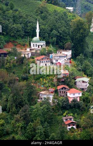 Dorf in der Nähe der Stadt Rize im Schwarzen Meer, Türkei. Rize ist um eine kleine Bucht an der Schwarzmeerküste gebaut. Stockfoto