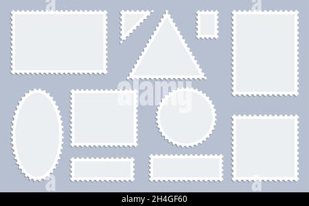Leere Briefmarken im flachen Symbolsatz. Perforierter Aufkleber für die Sammlung. Schablone Papiermarke mit Platz für Ihre Bilder und Text. Postbilderrahmen in unterschiedlicher Form. Vektorgrafik auf Grau Stock Vektor