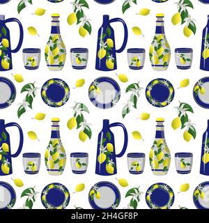 Geschirr-Muster mit italienischem Design aus Zitronen. Ein Krug und ein Dekanter mit Tassen für Limoncelo. Stock Vektor