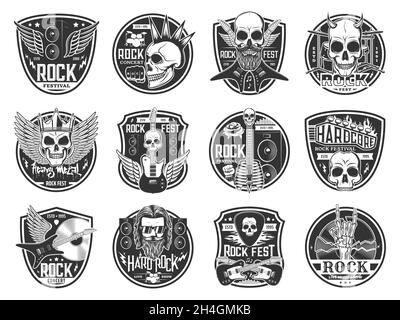 Stars des Hard Rock- und Heavy Metal-Musikfestivals. Isolierte Vektor-Totenköpfe, Rockmusiker-Gitarre, Schlagzeug, Lautsprecher und Skelett Rock n Roll h Stock Vektor