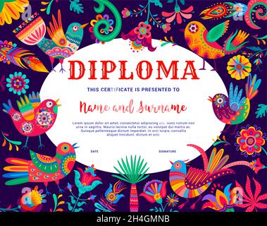 Kinder Diplom mit Cartoon mexikanische Kolibri alebrije, Vektor-Schulzeugnis. Ausbildung Diplom-Preis mit mexikanischen Handwerk Kunst Muster und verschönern Stock Vektor