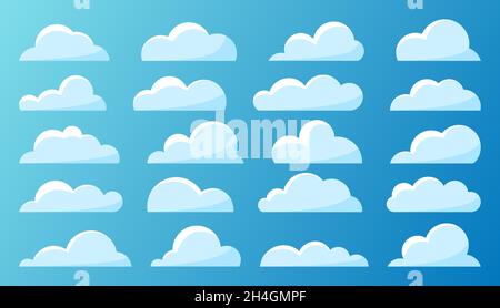 Flaches Set in Wolkenblau. Cartoon klares Wetter Symbol für Spiel App Widget Website-Schnittstelle. Meteorologie Tapete Splash Element wolkenloser Himmel 2D. Freie nickende Form Postkartenbuch Werbung isoliert Stock Vektor