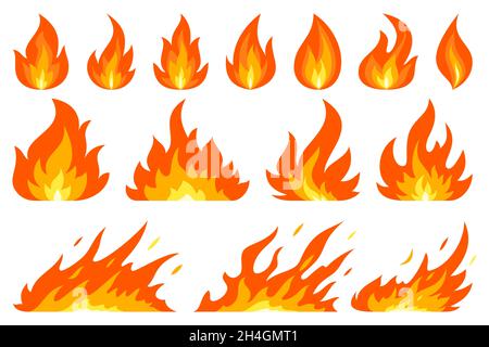Feuer Lagerfeuer Zündung Flamme rot flat set. Sammelschild Gefahr Zündobjekt Waldbrand Flüssigkeit. Helle Zeichnung Cartoon Poster Anleitung Beispiel orange entzündliche Symbol auf weiß isoliert Stock Vektor