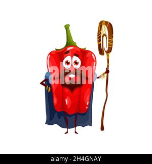 Gemüsezauberer mit magischem Gauner in Cape isoliert Rd Pfeffer Cartoon-Figur. Vektor lustige Veggie mit Bart und Schnurrbart im Gesicht, lächelnd Fee so Stock Vektor