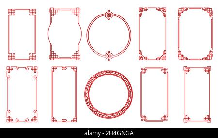 Asiatische rote Knoten chinesischen, japanischen, koreanischen Rahmen und Grenzen, Vektor-Set. Chinesische Muster verzieren orientalische Rahmen, rote Knoten Dekorationen und geometrische Stock Vektor