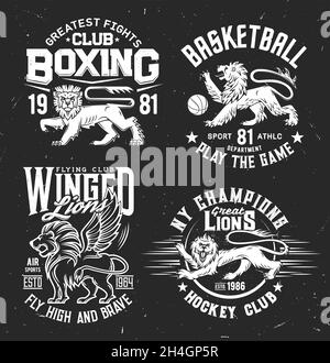 T-Shirt-Prints mit Löwen im heraldischen Stil, Vektormaskots für das Uniform-Bekleidungsdesign der Sportmannschaft. Labels für Hockey, Boxen, Basketball-Club. Monochr Stock Vektor