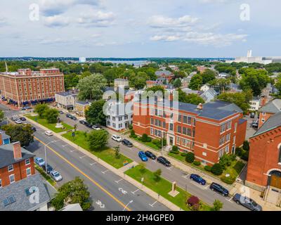 Salem Downtown Historic District auf der Essex Street Luftaufnahme im Stadtzentrum von Salem, Massachusetts, MA, USA. Stockfoto