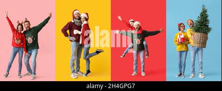 Set von jungen Paar in stilvollen Weihnachtskleidung auf farbigem Hintergrund Stockfoto