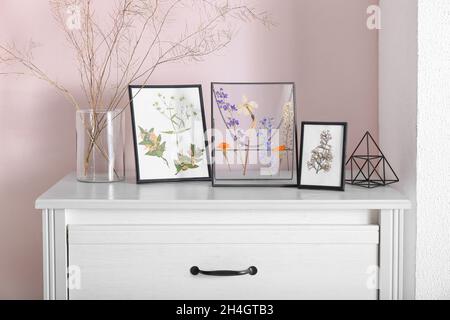 Rahmen mit getrockneten gepressten Blumen, Vase und Dekorelement auf Kommode im Zimmer Stockfoto