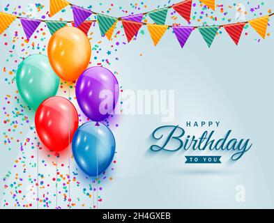 Happy Birthday Feier mit bunten Luftballons, Glitter Konfetti und Bänder Hintergrund für Geburtstag Grußkarte. Vektorgrafik Stock Vektor