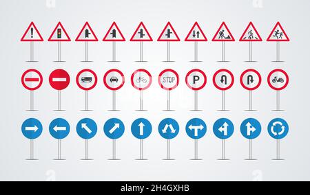 Vektor zur Erfassung von Verkehrszeichen. Sammlung von Warnungen, Informationen Verkehrszeichen, Symbole Gefahr, Sicherheitstransport. Vektorgrafik Stock Vektor