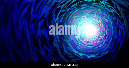 Kreativer Hintergrund als blaues abstraktes, extrem perspektivisches Designelement, das Zeitreisen oder psychedelisches und halluzinogenes Bewusstsein repräsentiert. Stockfoto