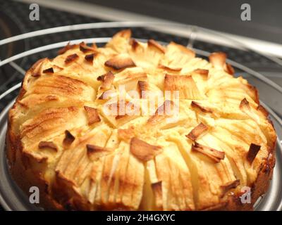 Ein köstlicher hausgemachter Apfelkuchen mit frischen Bio-Äpfeln, saisonale Speisen, Herbststimmung, leckere Süßigkeiten Stockfoto