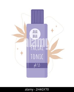 Gesichtswasser. Hautpflege. Morgendliche Routine. Reinigung, Straffung und Feuchtigkeitspflege. Handgezeichnetes Beauty-Produkt. Vektor-Illustration im flachen Cartoon-Stil Stock Vektor