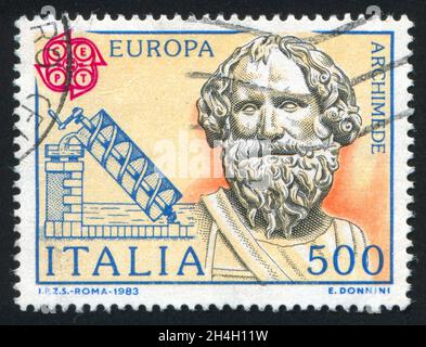 ITALIEN - UM 1983: Stempel gedruckt von Italien, zeigt Archimedes und seine Schraube, um 1983 Stockfoto
