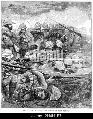 Gravur von britischen Truppen, die in der Schlacht von Abu Kruu (auch bekannt als die Schlacht von Gubat) Teil der britischen Sudan-Kampagne kämpfen. Es wurde am 19. Januar 1885, zwei Tage nach der Schlacht von Abu Klea, zwischen den Briten und den Mahdisten ausgetragen. Stockfoto