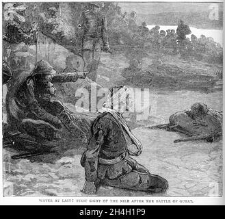Gravur des Endes der Schlacht von Abu Kruu (auch bekannt als Schlacht von Gubat) Teil der Kampagne des britischen Sudan. Es wurde am 19. Januar 1885, zwei Tage nach der Schlacht von Abu Klea, zwischen den Briten und den Mahdisten ausgetragen. Stockfoto