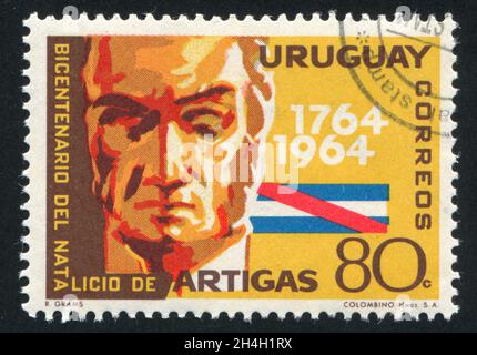 URUGUAY - UM 1975: Briefmarke gedruckt von Uruguay, zeigt Artigas, um 1975 Stockfoto