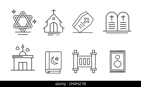 Religionssymbole. Enthält Symbole wie Religion, Gott, Glaube, Beten, Christ, Katholisch, Kirche, Islam, Judentum, Hinduismus, Meditation, Bibel. Stock Vektor