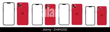 Realistische mockup rot iphone 13 Alle Farben und Modelle, mockup Smartphone mit weißem Bildschirm Stock Vektor