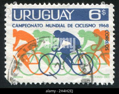 URUGUAY - UM 1969: Stempel gedruckt von Uruguay, zeigt Radfahrer, um 1969 Stockfoto