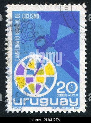 URUGUAY - UM 1969: Stempel gedruckt von Uruguay, zeigt Fahrradweltmeisterschaft, um 1969 Stockfoto