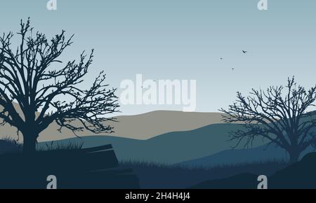 Schöne Aussicht auf die Berge vom Dorf am Morgen mit fantastischen trockenen Baumsilhouetten. Vektordarstellung einer Stadt Stock Vektor