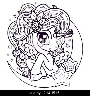 Einhorn mit einer langen Mähne und einem Halbmond. Lineare Schwarz-Weiß-Zeichnung. Vektor Stock Vektor