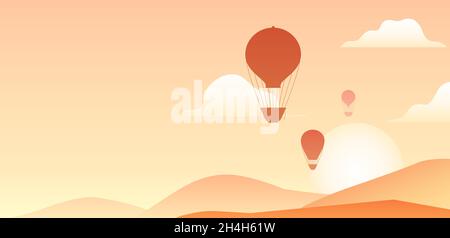 Horizontales Banner mit Vintage Heißluftballon am Himmel, Sonnenaufgang und Hügeln und Platz für Text. Karte mit Silhouette von Aerostat und Kopierraum. Vect Stock Vektor