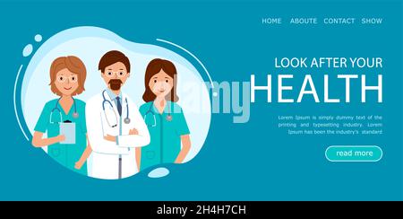 Medizinisches Banner oder Landing Page mit einer Gruppe von Ärzten. Achten Sie auf Ihre Gesundheit. Stock Vektor
