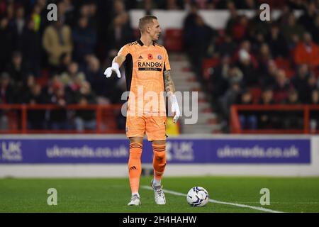 NOTTINGHAM, GROSSBRITANNIEN. 2. NOVEMBER Robin Olsen von Sheffield United während des Sky Bet Championship-Spiels zwischen Nottingham Forest und Sheffield United am City Ground, Nottingham, am Dienstag, den 2. November 2021. (Kredit: Jon Hobley | MI News) Kredit: MI Nachrichten & Sport /Alamy Live News Stockfoto