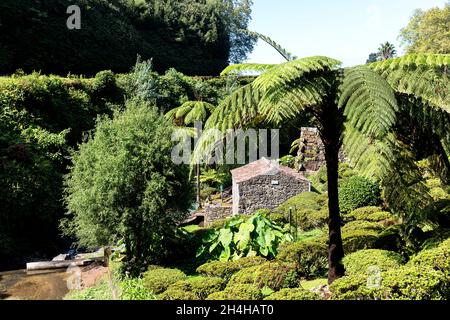 Traditionelles Steinhaus in einem üppigen Tal voller tropischer Vegetation im Parque Natural da Ribeira dos Caldeirões auf der Insel Sao Miguel auf den Azoren Stockfoto