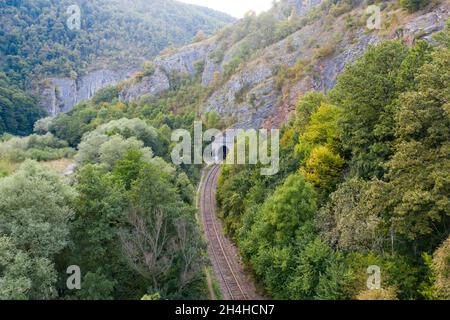 Drohnenansicht des Canyons, der vom Fluss Cris in Rumänien geschnitten wurde, in der Nähe von Vadu Crisului mit Felsformationen, bewaldeten Hügeln und den Bahngleisen Stockfoto