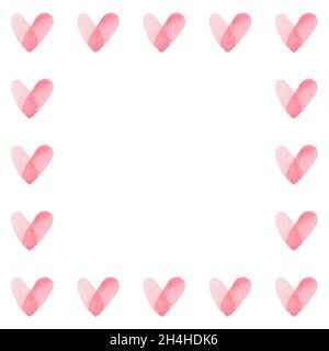 Quadratischer Rahmen aus handbemalten rosa Aquarell-Herzen. Süß und romantisch, perfekt zum Valentinstag Gruß. Stockfoto
