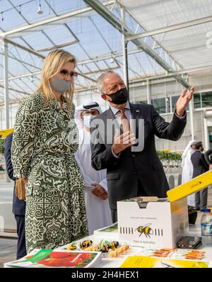 Abu Dhabi, 03. November 2021, Königin Maxima der Niederlande bei Pure Harvest in Abu Dhabi, am 03. November 2021, produziert Pure Harvest für einen Arbeitsbesuch inmitten der Wüste Tomaten, Erdbeeren und Salat auf nachhaltige Weise, Die verwendeten Technologien und das Know-how zur Entwicklung des Gewächshauses wurden von verschiedenen niederländischen Parteien bereitgestellt.Foto: Albert Nieboer/Netherlands OUT/Point de Vue OUT Stockfoto