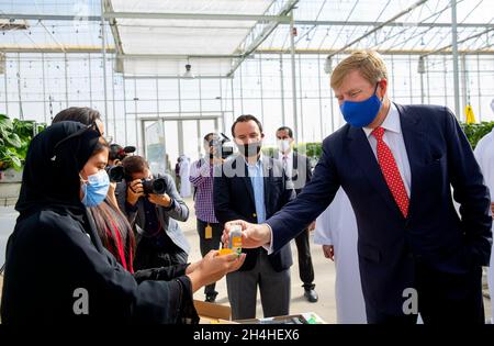 Abu Dhabi, 03. November 2021, König Willem-Alexander der Niederlande bei Pure Harvest in Abu Dhabi, am 03. November 2021, produziert Pure Harvest für einen Arbeitsbesuch inmitten der Wüste Tomaten, Erdbeeren und Salat auf nachhaltige Weise, Die verwendeten Technologien und das Know-how zur Entwicklung des Gewächshauses wurden von verschiedenen niederländischen Parteien bereitgestellt.Foto: Albert Nieboer/Netherlands OUT/Point de Vue OUT Stockfoto