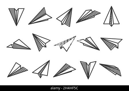 Verschiedene handgezeichnete Papierebenen. Schwarze Doodle-Flugzeuge. Flugzeug-Symbol, einfache monochrome Flugzeug-Silhouetten. Kontur, Strichkunst. Vektorgrafik. Stock Vektor