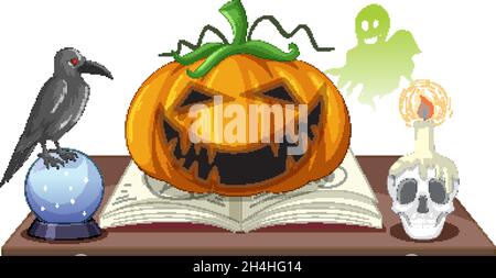 Halloween Kürbis mit Hexenobjekten Illustration Stock Vektor