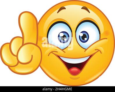 Fröhliches Emoji-Emoticon, das nach oben zeigt und eine Idee hat Stock Vektor