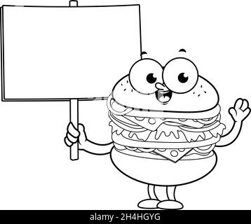 Hamburger-Charakter mit leerem Schild. Vektor schwarz-weiß Malseite. Stock Vektor