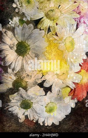 Blumenstrauß. Weiße Gänseblümchen und Gerberas. Floristik. Digitale Aquarellmalerei Stockfoto