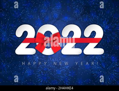 2022 Glückliche Neujahrskarte mit roter Schleife. Logo im 3D-Stil. Wunderschöne Schneekulisse. Neujahrsschrift 2022 mit Papierziffern und Feuerwerk Stock Vektor