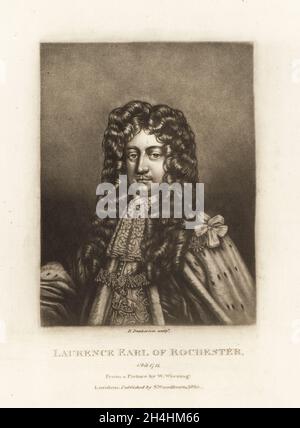 Laurence Hyde, 1. Earl of Rochester, 2. Kreation, 1641-1711. Englischer Staatsmann und Schriftsteller, Unterstützer der glorreichen Revolution von 1688. Mezzotinta-Stich von Robert Dunkarton nach einem Porträt von Willem Wissing (wahrscheinlich Sir Godfrey Kneller) aus Richard Earlom und Charles Turners Porträts illustrer Charaktere in British History graviert in Mezzotinto, herausgegeben von S. Woodburn, London, 1815. Stockfoto