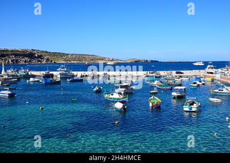 Traditionelle maltesische Dghajsa Fischerboote im Hafen mit Blick auf die Küste, San Pawl, Malta, Europa. Stockfoto